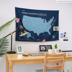 umade-umap-訂製美國地圖(壁幔/布)-隊長藍色-桌面、書桌空間佈置，善用佈置小物，營造自己喜歡的美國旅行風格空間
