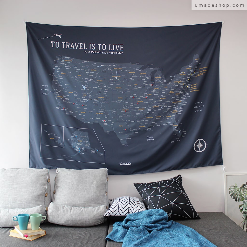 umade-umap-美訂製美國地圖(壁幔/布)-太空灰色-沙發牆面的佈置單品，旅行回憶珍藏起來帶回家，躺在沙發上也能回味旅行