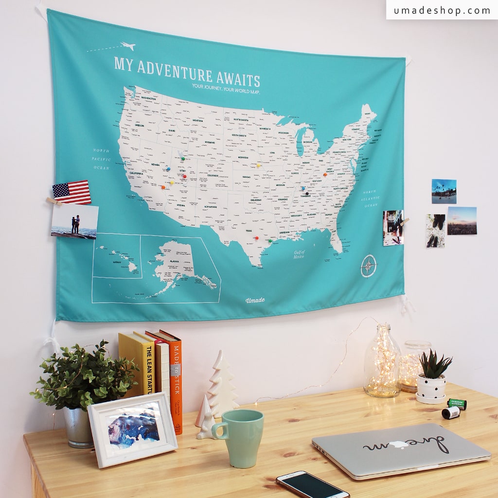 umade-umap-訂製美國地圖(壁幔/布)-湖水綠色-送禮推薦，送給愛旅行的朋友們，讓他們打造一個旅行控的家