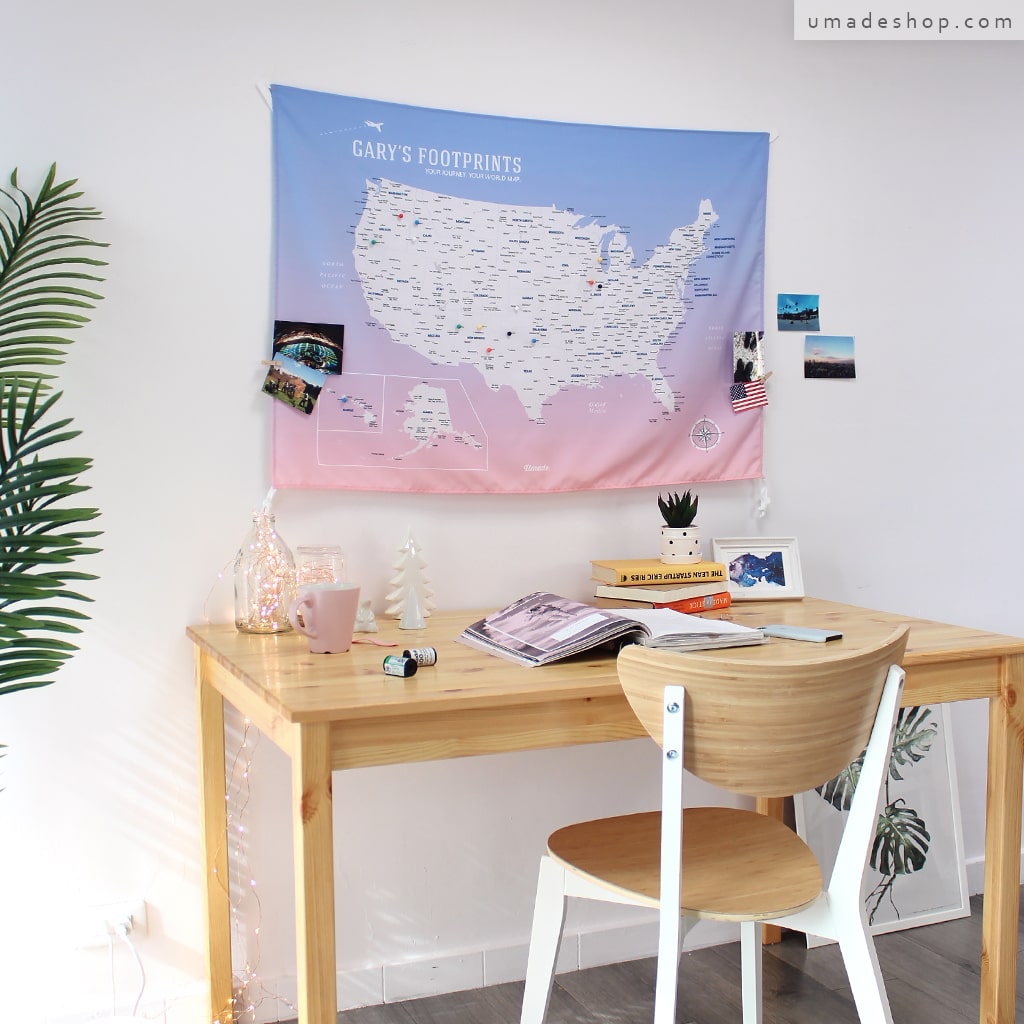 umade-umap-訂製美國地圖(壁幔/布)-輕柔粉色-工作室空間和書桌空間佈置靈感，小資女租屋處打造溫馨簡約風格的佈置法則