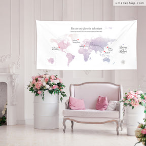 umade-umap-訂製世界地圖簽名綢(壁幔/布)-粉紫丁香紫色-甜美公主風婚禮佈置