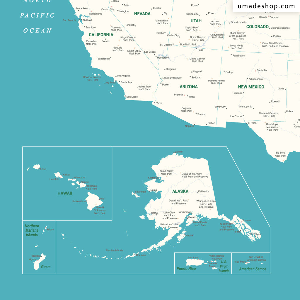 umade-umap-訂製美國地圖(壁幔/布)-湖水綠色-美國知名景點、美國名勝古蹟、美國網美打卡景點、美國旅遊景點，地理位置通通有