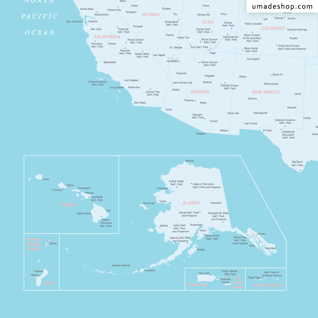 umade-umap-訂製美國地圖(壁幔/布)-寶寶藍色-美國打卡景點、區域，美國名勝古蹟、網美打卡景點，地理位置通通有