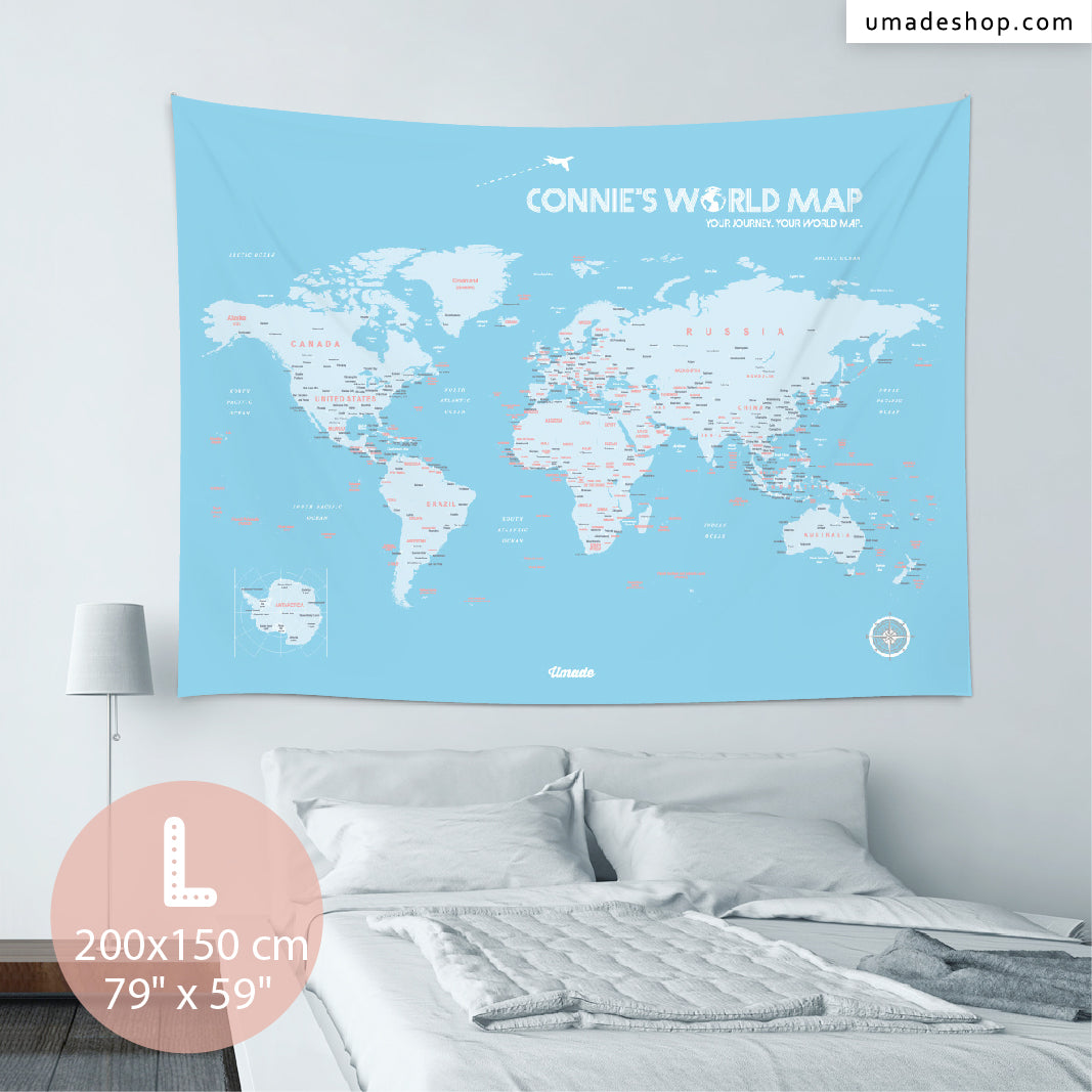 umade-umap-訂製世界地圖(壁幔/布)-寶寶藍色-L尺寸大面積房間佈置，活潑風清爽系列裝飾