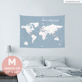 umade-umap-訂製世界地圖(壁幔/布)-月白灰色-M尺寸臥室韓系簡約風格佈置裝飾品