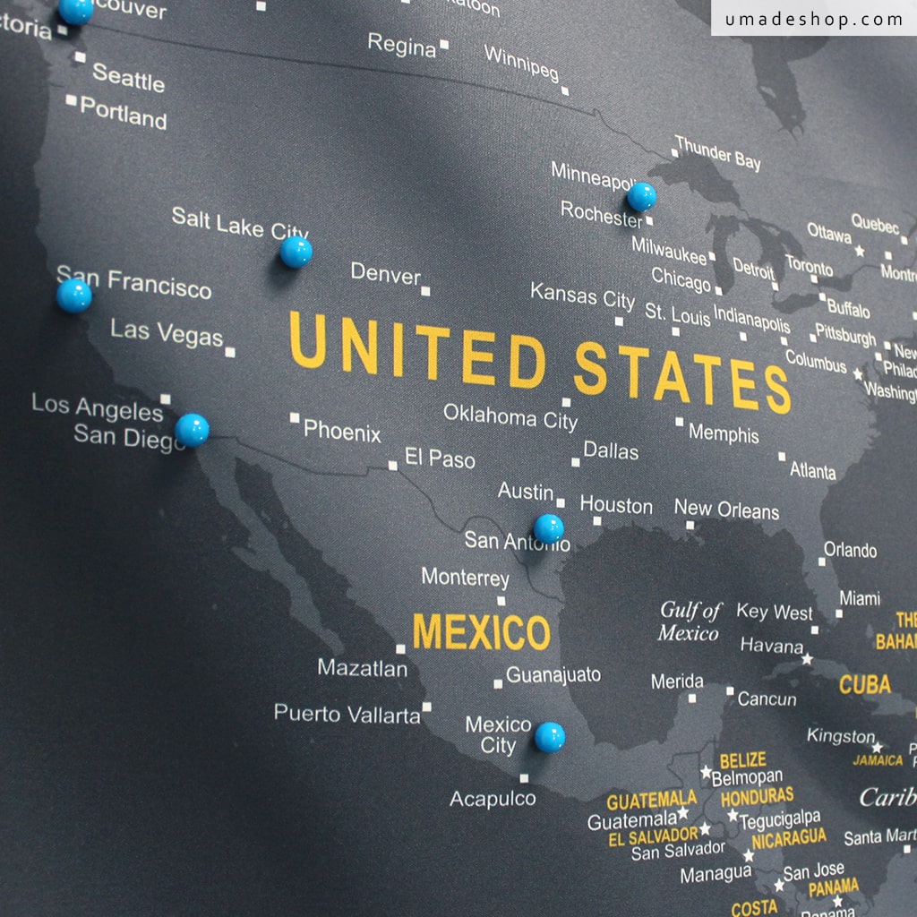 umade-umap-訂製世界地圖(壁幔/布)-彩色水晶磁鐵地標-太空灰色-美國USA旅遊景點，環遊世界紀錄每一刻