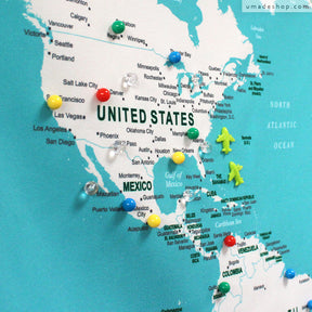 umade-umap-訂製世界地圖(壁幔/布)-彩色水晶磁鐵地標-湖水綠色-北美旅遊、留學回憶