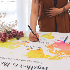 umade-umap-訂製世界地圖簽名綢(壁幔/布)-夕陽柔黃色-高質感婚禮簽名壁幔，讓你們的婚禮從入口就精彩